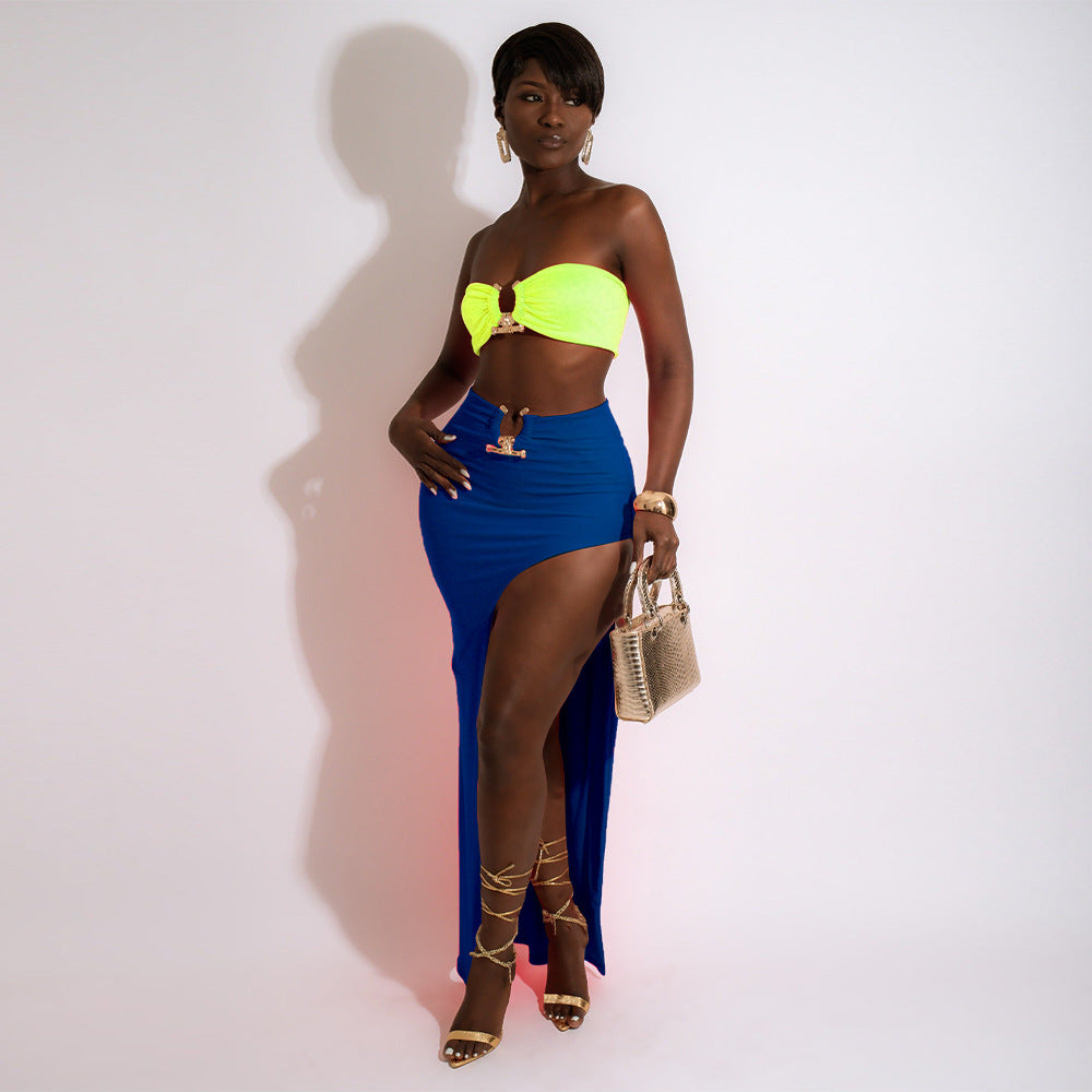 "Summer Goddess" Golden Half Ring Bandeau Top & Asymmetric Maxi Skirt Set