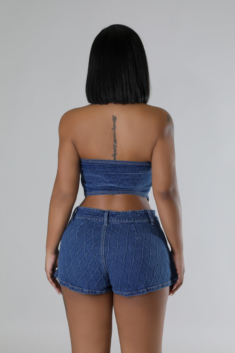 "Jayla" Halter Button Up Stretch Casual Diamond Print Denim Skort Set