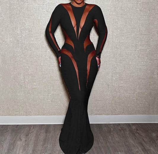 "Charity" Sexy Mesh Cutout Long Sleeve Maxi Dress