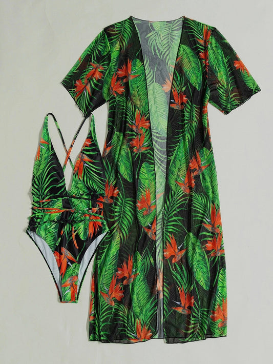 "Tropical Beauty" 2-Piece Tropical Print Halter Swimsuit/Beach Cardigan