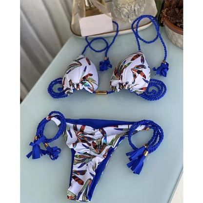 "Summer Candy" Multicolor Print Halter Braid Rope Bikini