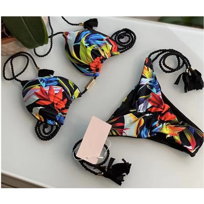 "Summer Candy" Multicolor Print Halter Braid Rope Bikini