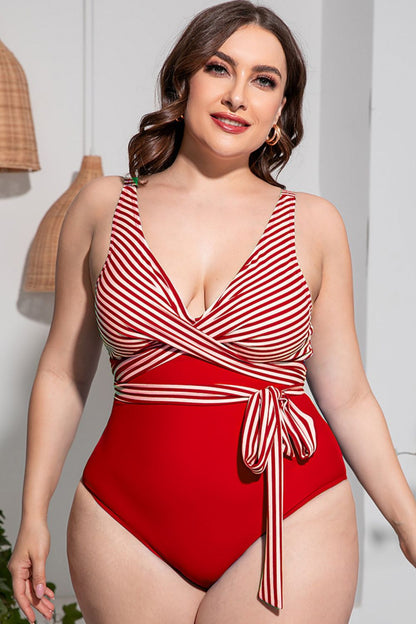 "Candice" Plus Size Striped Tie-Waist One-Piece Swimsuit