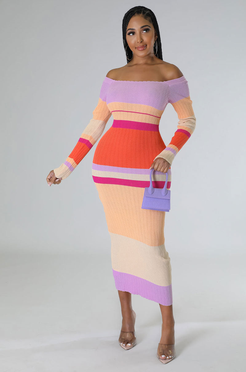 "Sherry" Off Shoulder Long Sleeve Color Block Maxi Sweater Dress