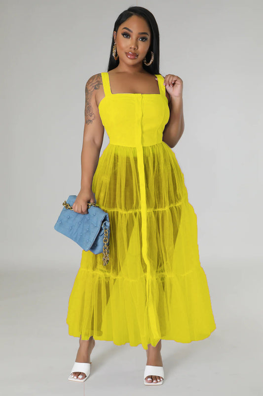 "Day Party" Sleeveless Button Down Tulle Shirt Dress