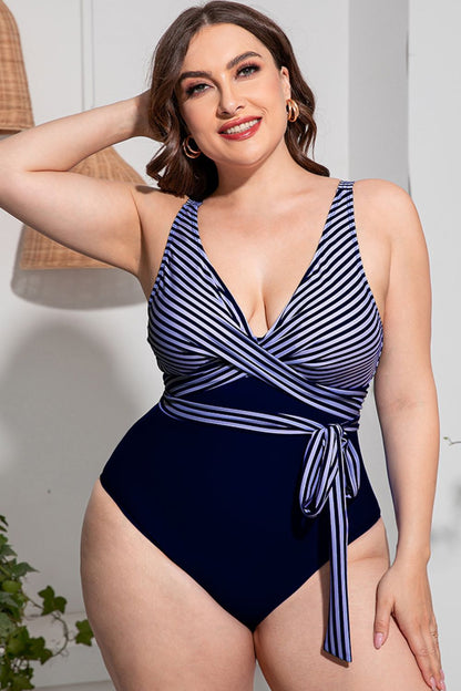 "Candice" Plus Size Striped Tie-Waist One-Piece Swimsuit