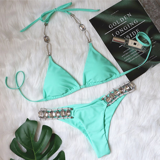 "Lush" Luxurious Crystal Gem Accent Halter Tie Bikini Set