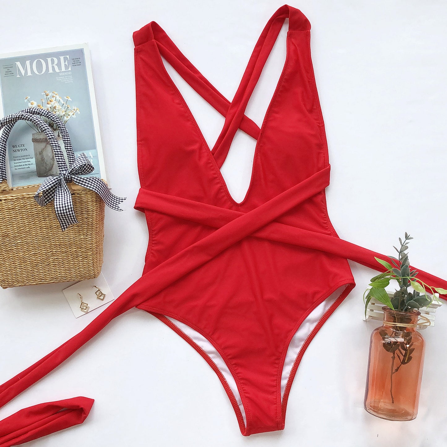 "Amber" Deep V Halter Neck Tie One-Piece Swimsuit