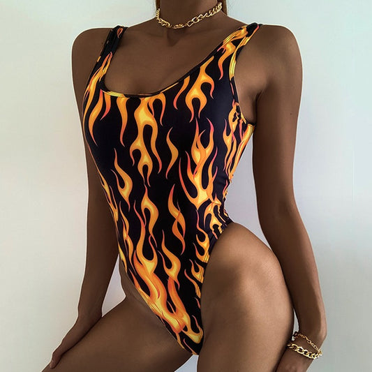 "Hot Girl" Flame Print One-Piece Swimsuit