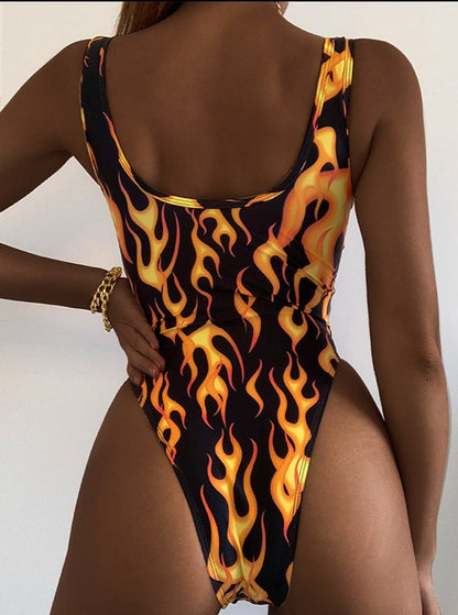 "Hot Girl" Flame Print One-Piece Swimsuit
