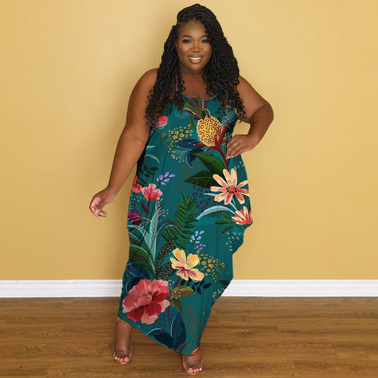 "Maui" Plus Size Floral Print Sleeveless Maxi Beach Dress