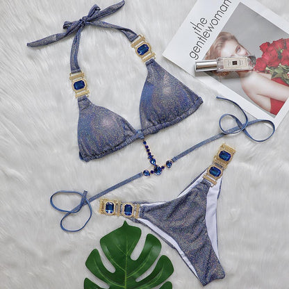 "Serenity" Shimmer Print Halter Tie Bikini with Beautiful Crystal Gem Accents