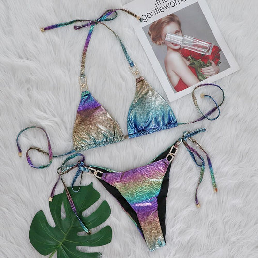 "Mardi Gras" Colorful Snake Print Crystal Diamond Halter Tie Bikini