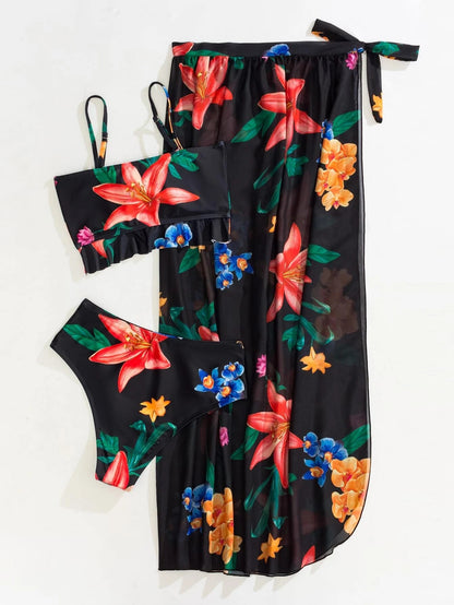 "Lola" Floral Print Bow Crop Top High Waist Bikini 3-Piece Set