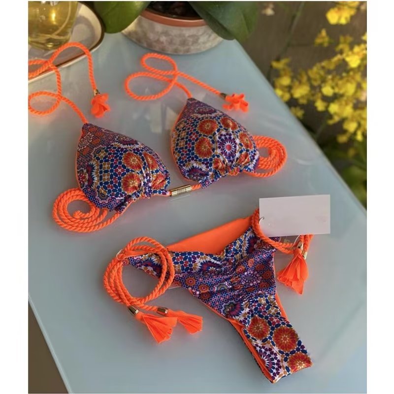 "Summer Candy" Multicolor Print Halter Braid Rope Bikini