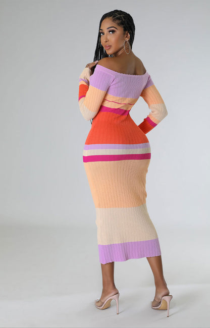 "Sherry" Off Shoulder Long Sleeve Color Block Maxi Sweater Dress