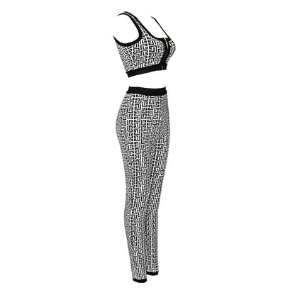 "Geneva" Geometric Print Zipper Knit Crop Top 2-Piece Pants Set