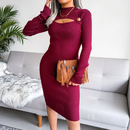 "Holiday" Elegant Cutout Long Sleeve Sweater Knitted Dress