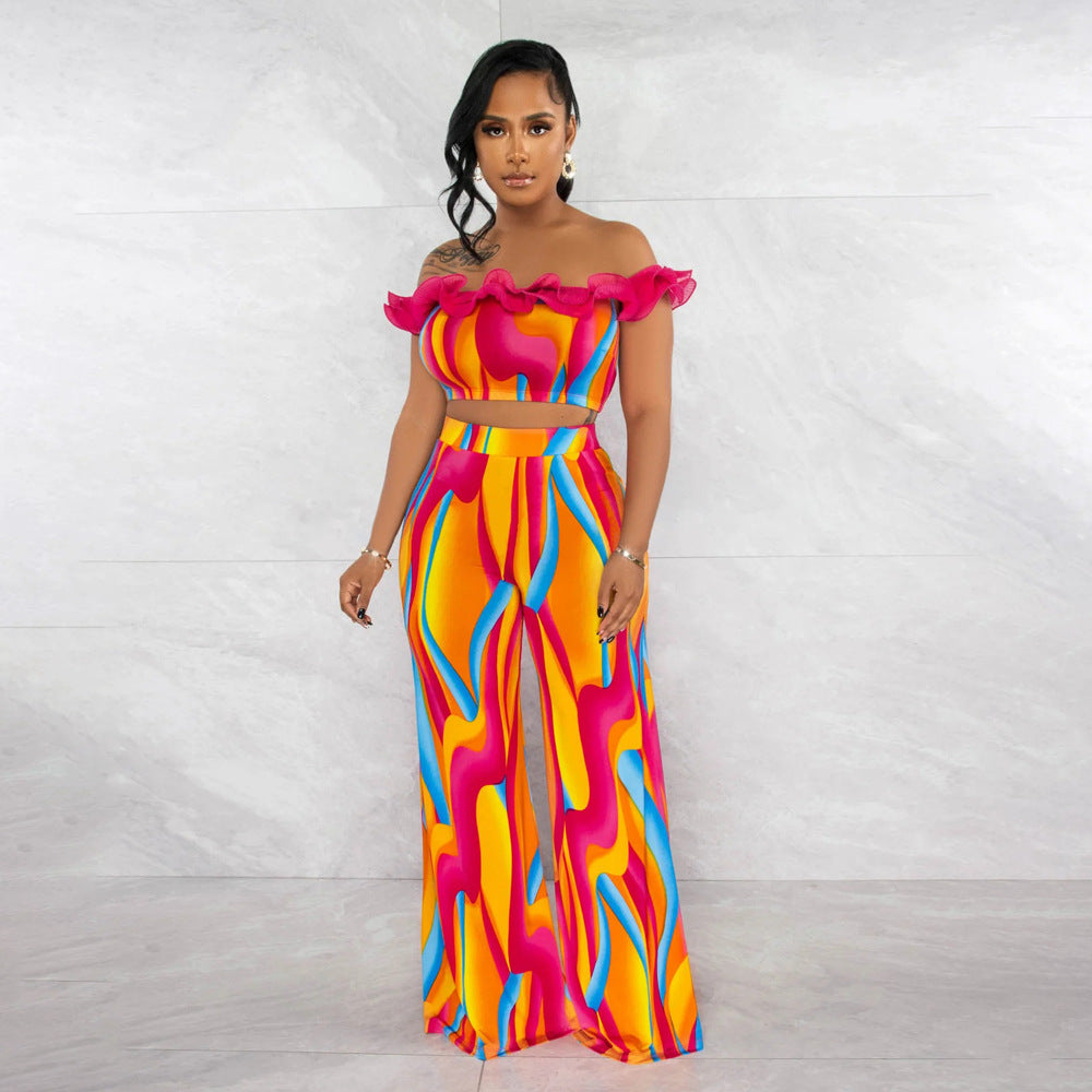 "Aurora" Colorful Off Shoulder Ruffle Top Loose Flared Pants 2-Piece Set