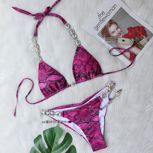 "Exotic" Purple Snakeskin Print Halter Tie Top Bikini with Crystal Accents