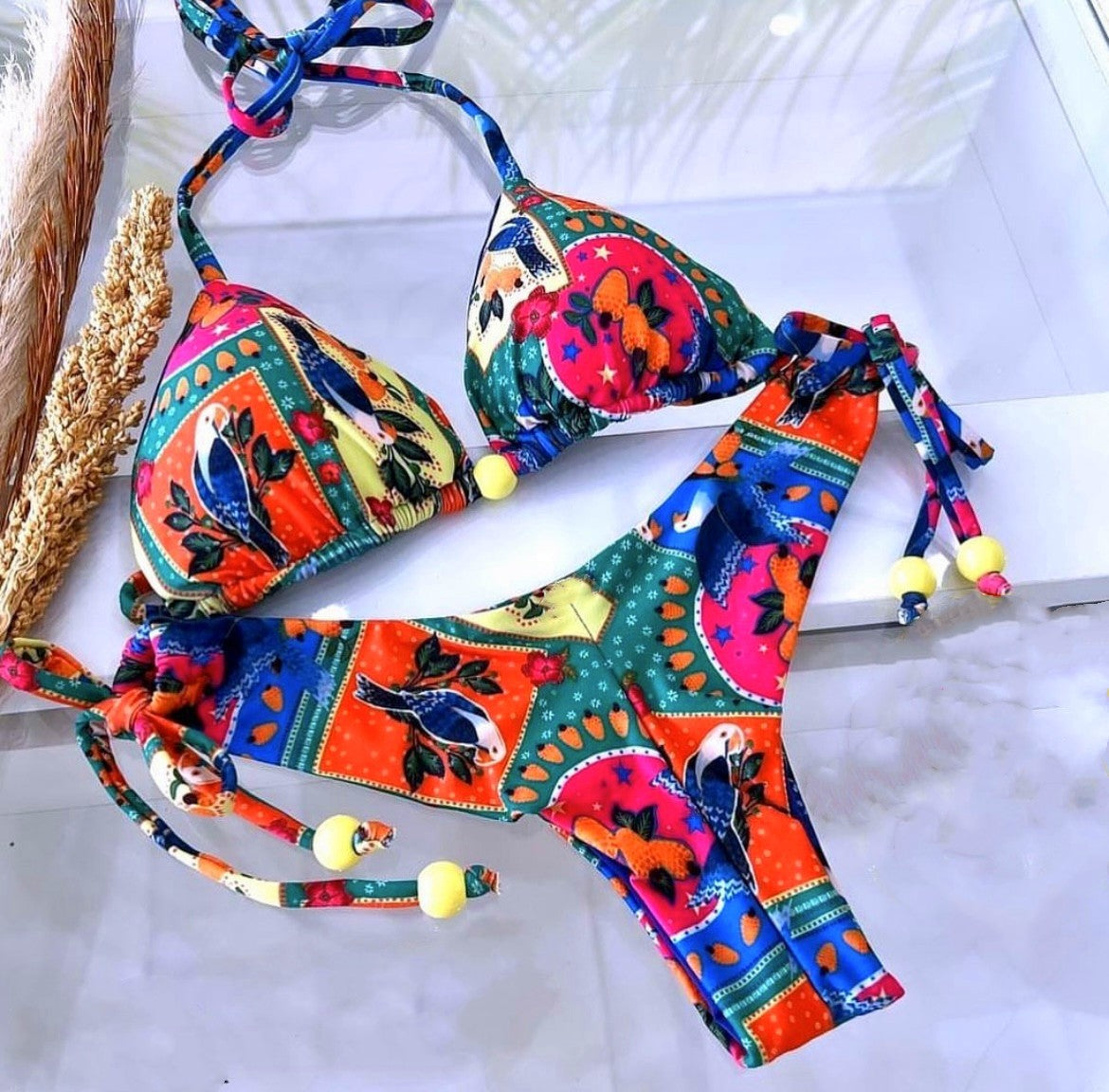 "Tropicana" Vibrant Tropical Print Halter Tie Bikini