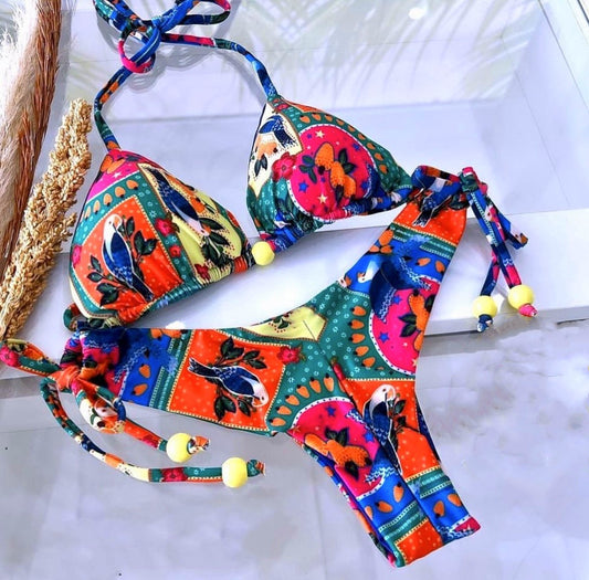 "Tropicana" Vibrant Tropical Print Halter Tie Bikini
