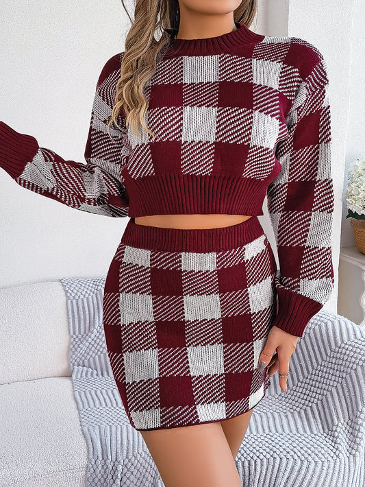 "Holly" Big Plaid Long Sleeve Cropped Sweater Skirt 2-Piece Set