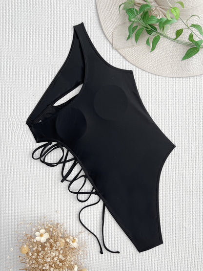 "Ciara" One Shoulder Peekaboo Lace-up One Piece Swimsuit