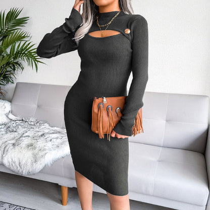 "Holiday" Elegant Cutout Long Sleeve Sweater Knitted Dress