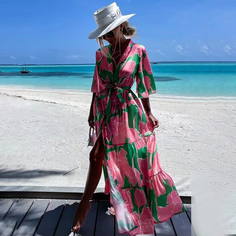 "Paradise" Floral Printed Chiffon Belted Beach Cover Up/Cardigan