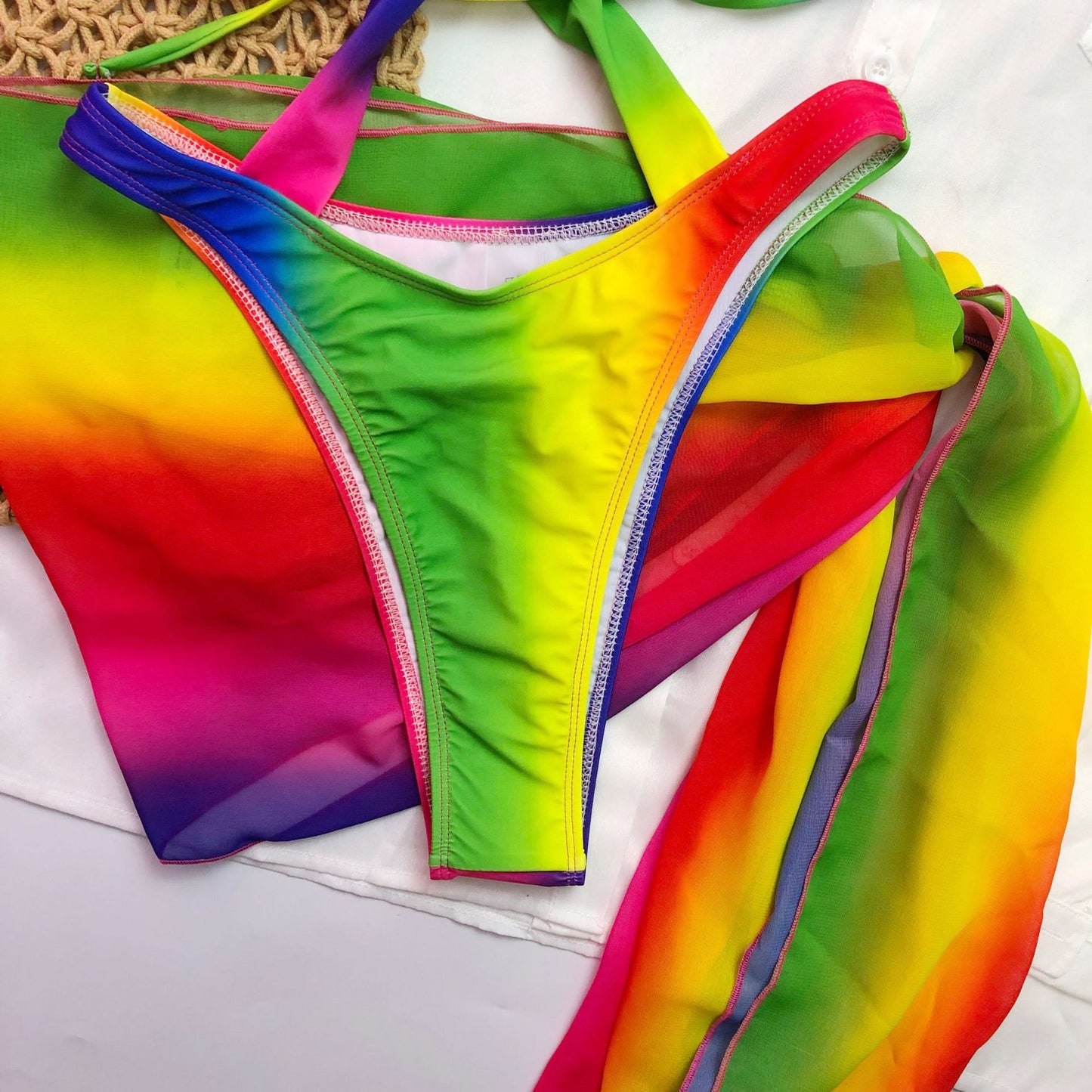 "Rainbow Twist" Multicolor Halter One-Piece Swimsuit with Chiffon Shawl