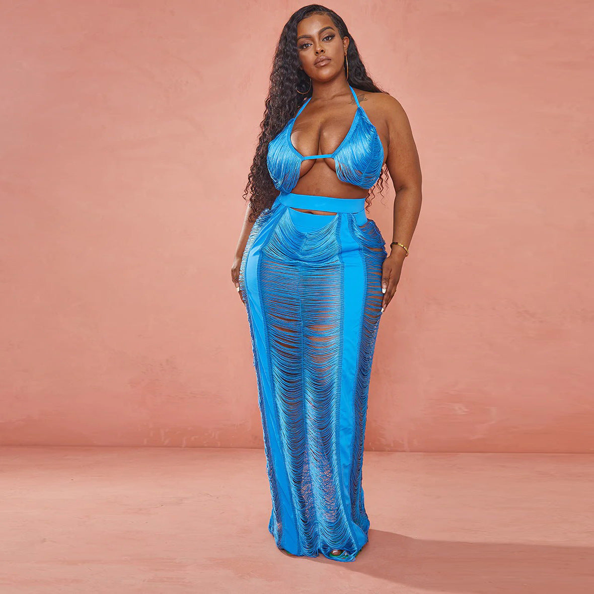 "Summer Slay" Sexy Fringe Halter Top w/High Waist Long Skirt Set/Cover Up