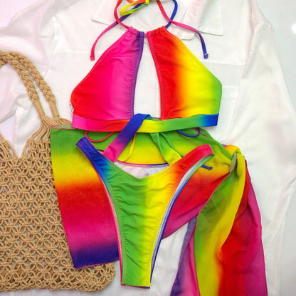 "Rainbow Twist" Multicolor Halter One-Piece Swimsuit with Chiffon Shawl