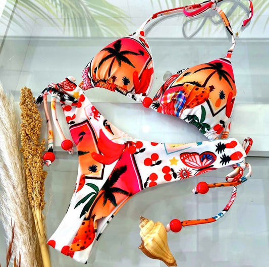 "Beach Sunset" Palm Tree Print Halter Tie Bikini