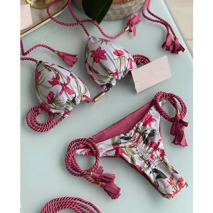 "Summer Candy" Multicolor Print Halter Braid Rope Bikini