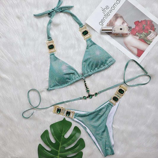 "Serenity" Shimmer Print Halter Tie Bikini with Beautiful Crystal Gem Accents