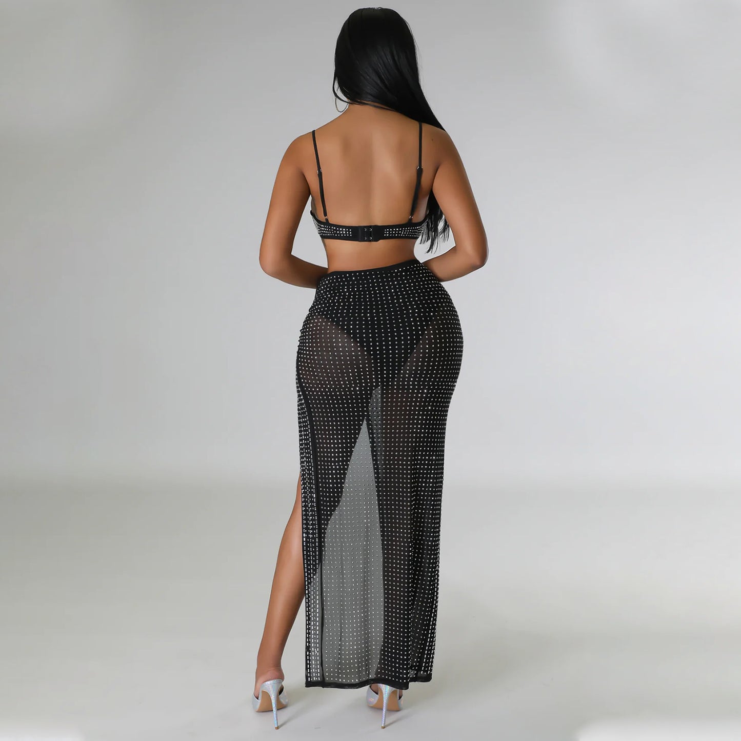 "Glamorous" Rhinestone Top Mesh Maxi With Split 2-Piece Skirt Set