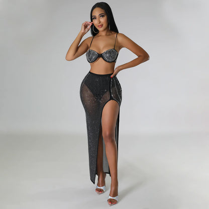 "Glamorous" Rhinestone Top Mesh Maxi With Split 2-Piece Skirt Set