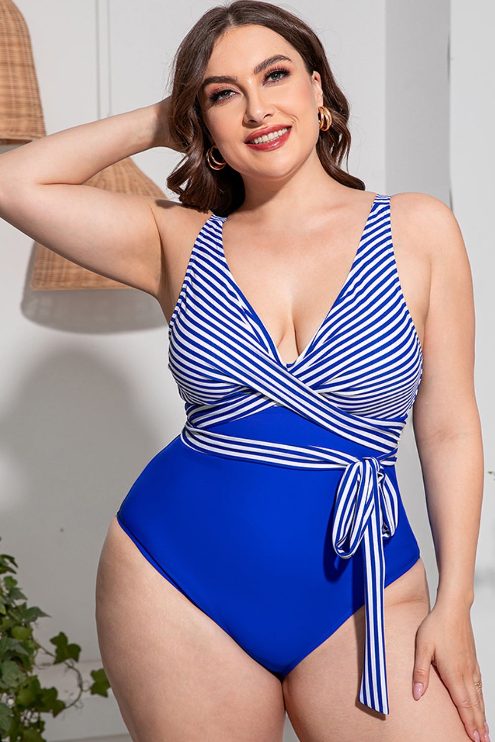 "Candice" Plus Size Striped Tie-Waist One-Piece Swimsuit